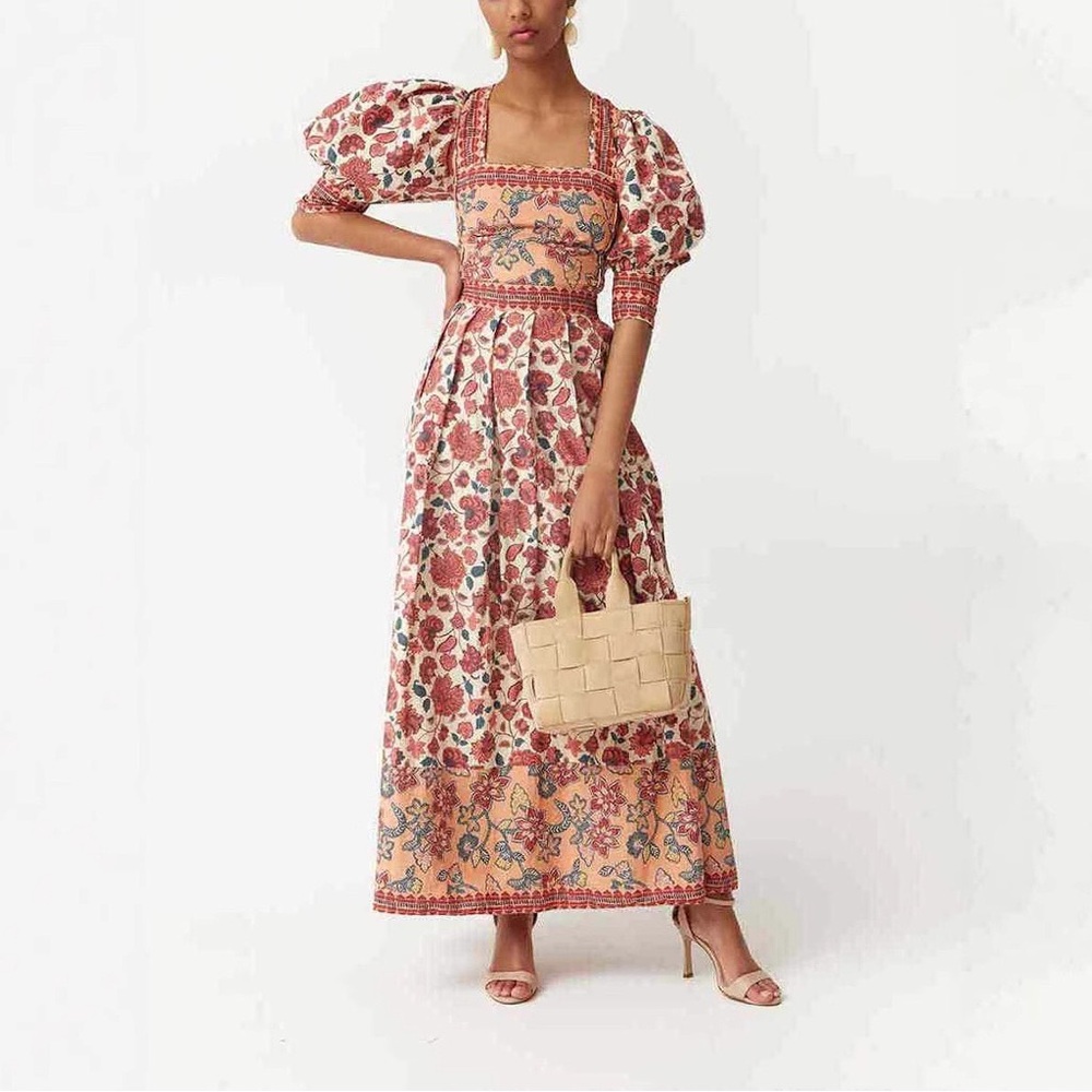 Zimmermann Floral Puff-Sleeve Maxi Dress - Rose/Peach